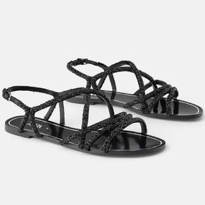 ZARA FLAT STRAPPY BEADED JEWELED SANDALS BLACK NEW